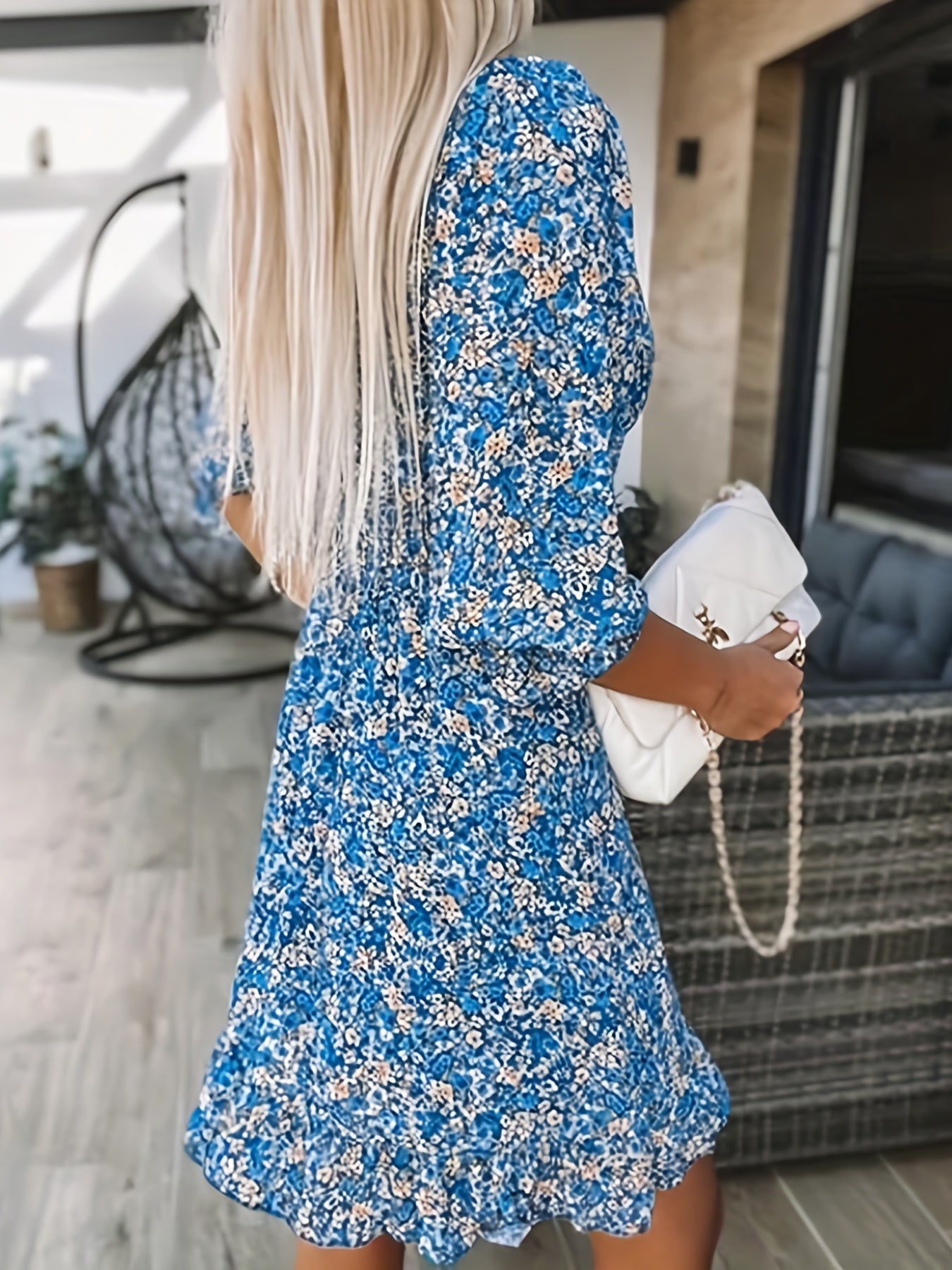 Floral Ruched Waist V-Neck Puff Sleeve Boho Dress CD188