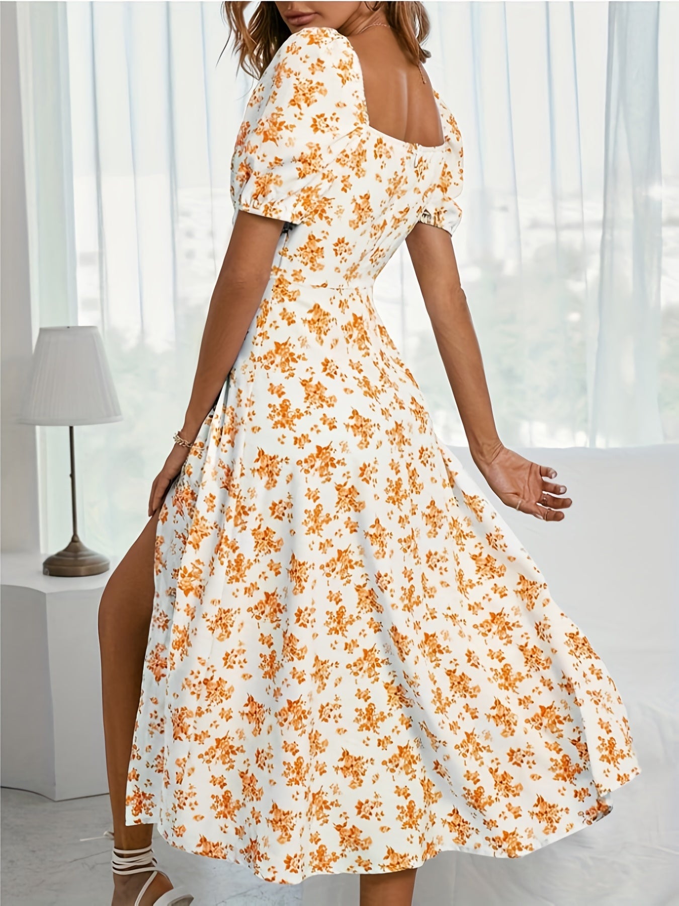 Floral Print Split Backless Boho Square Neck Dress CD203
