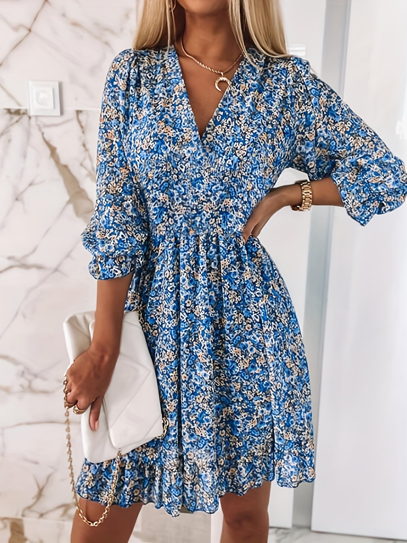 Floral Ruched Waist V-Neck Puff Sleeve Boho Dress CD188