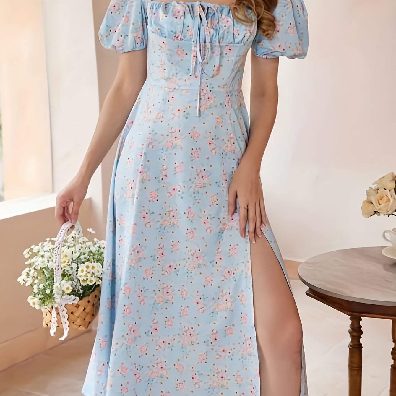 Floral Print Split Backless Boho Square Neck Dress CD203