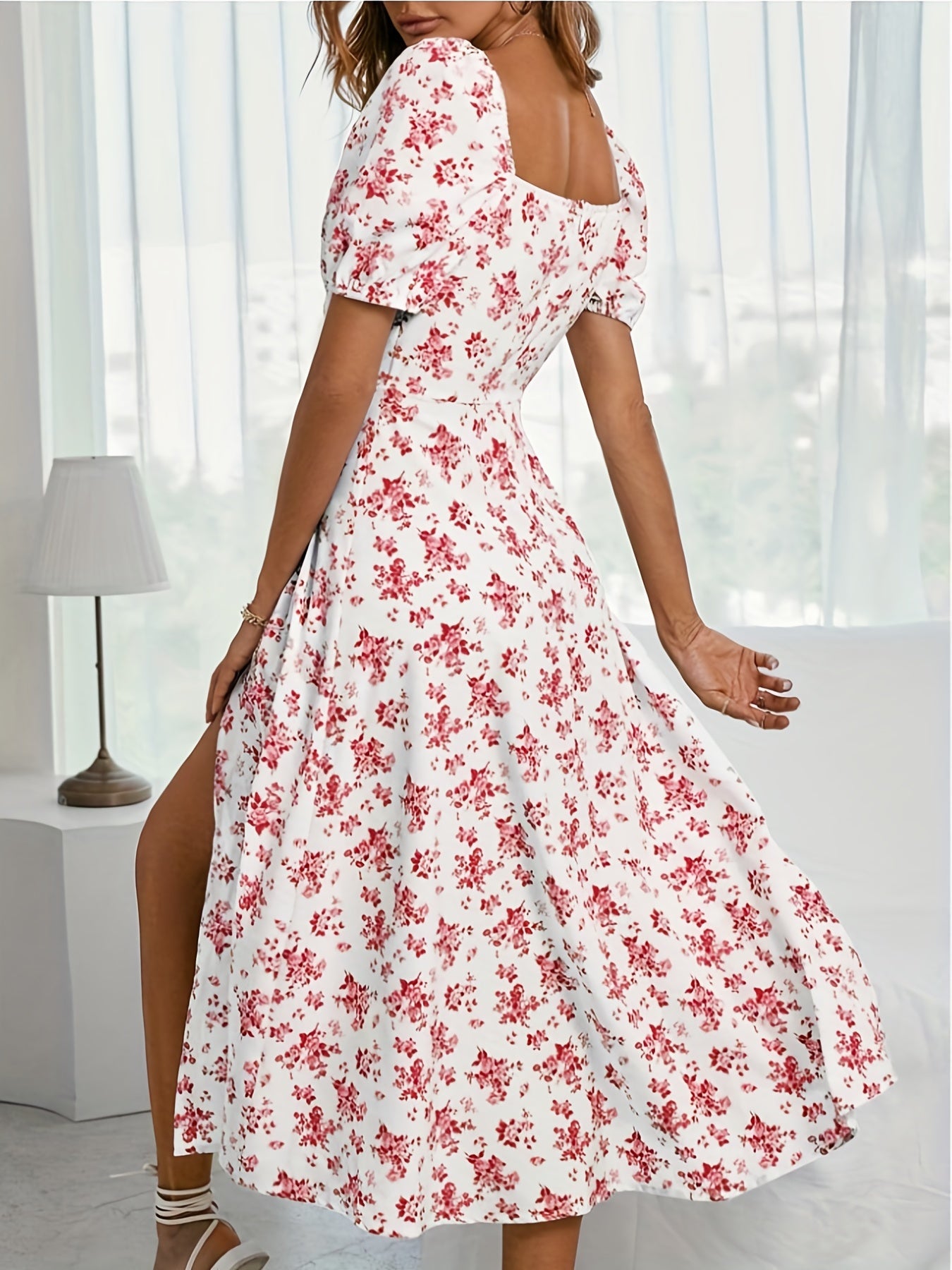 Floral Print Split Backless Boho Square Neck Dress CD203