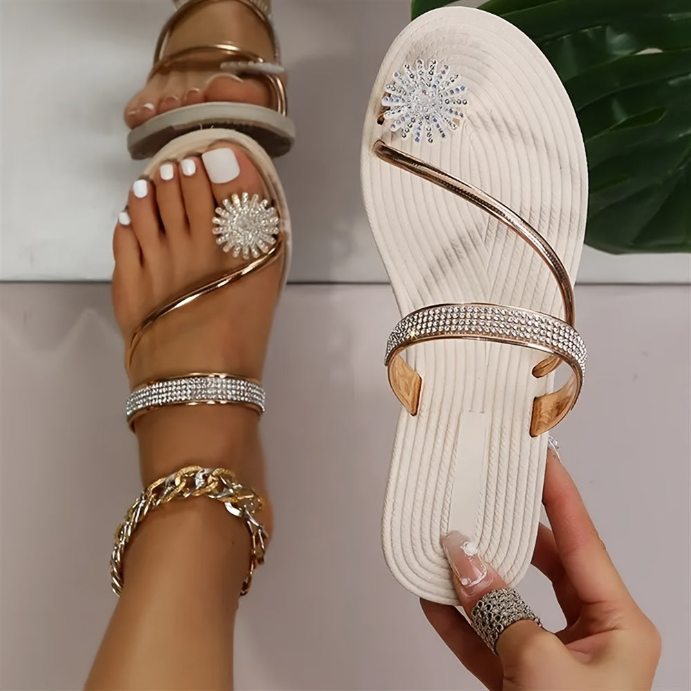Women's Flower Rhinestone Flat Flip Flops Beach Slippers CD429