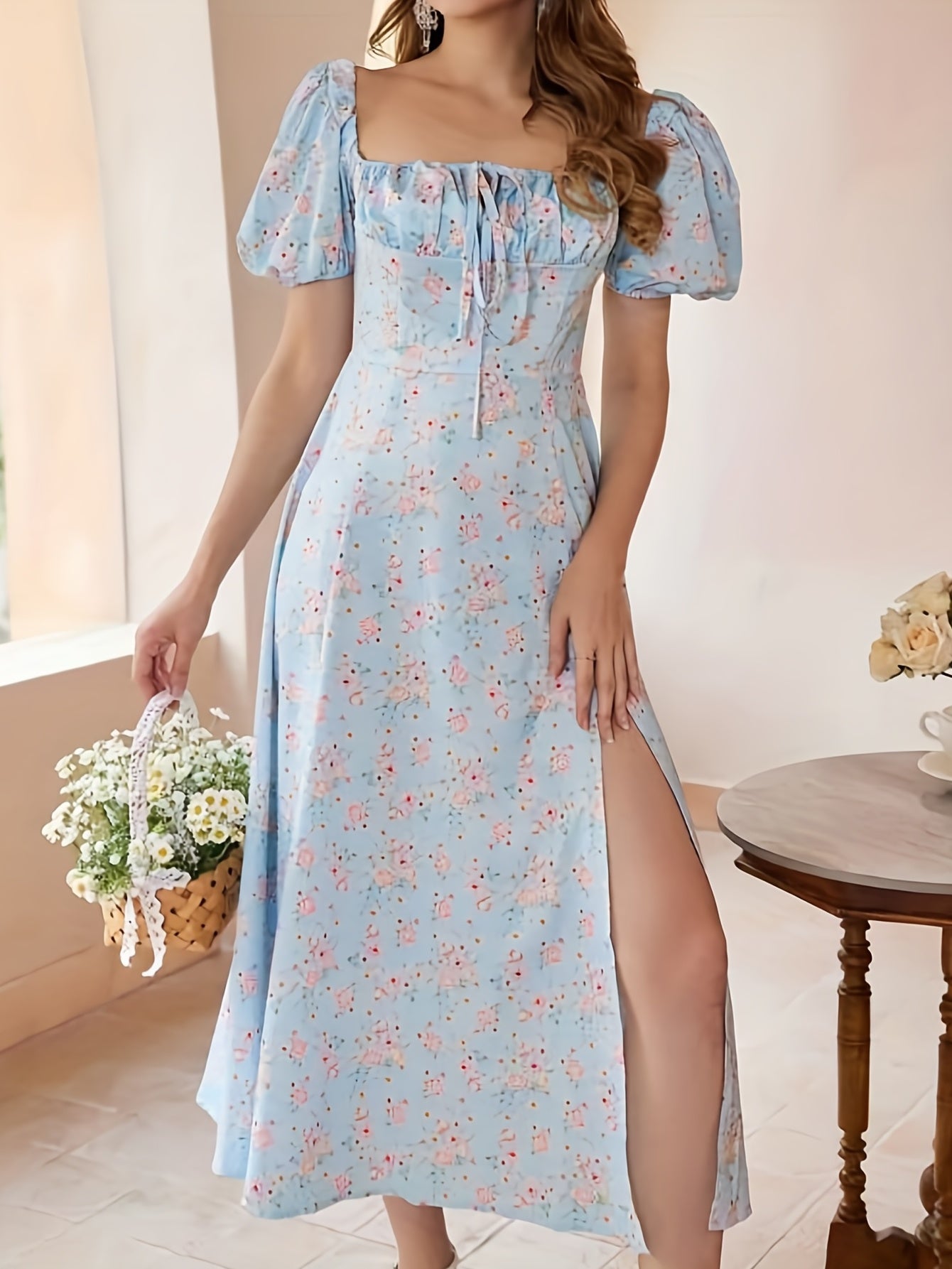 Floral Print Split Backless Boho Square Neck Dress CD203