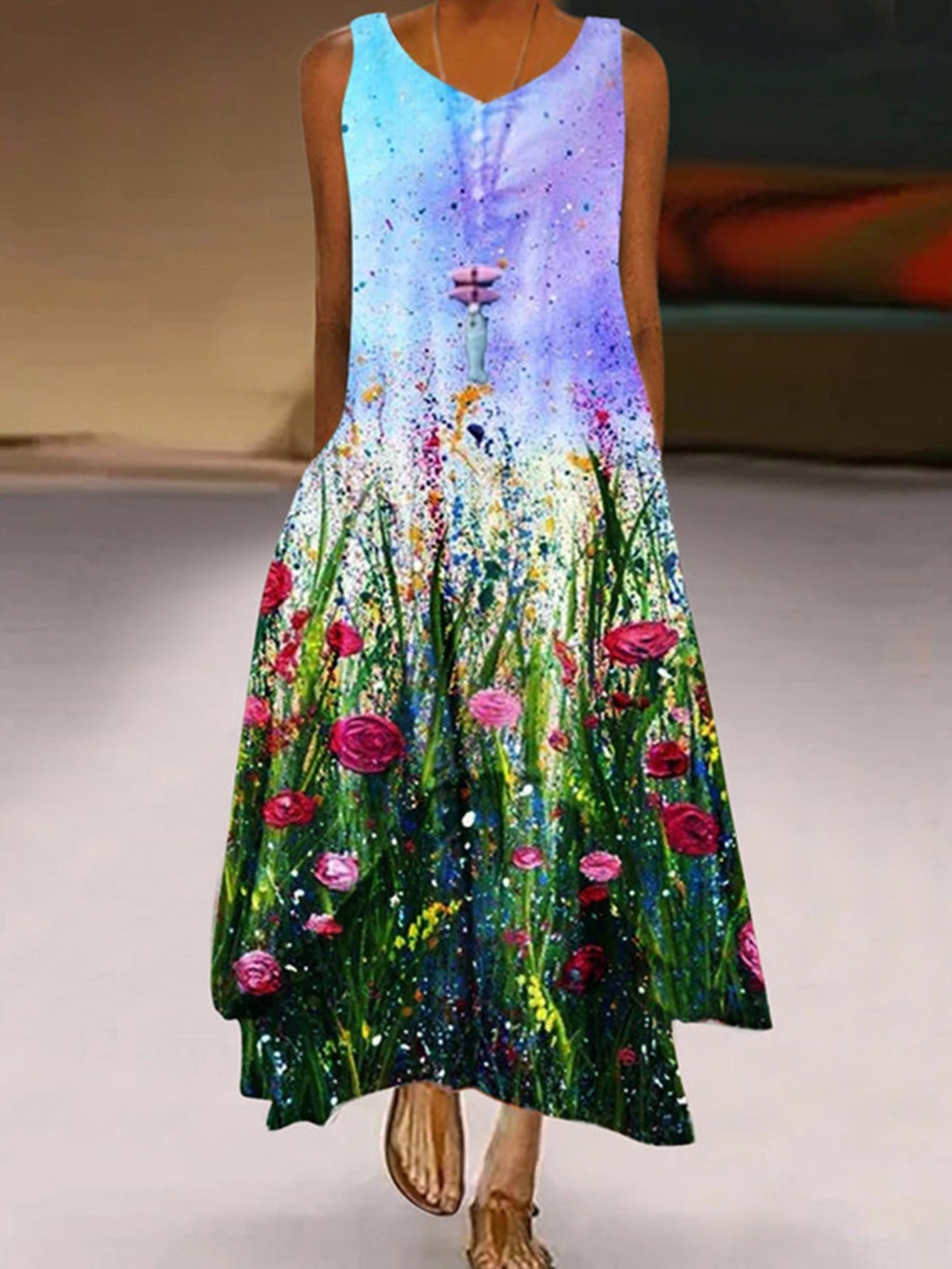 Women's Sleeveless A-Line Round Neck Bohemian Maxi Dress CD181