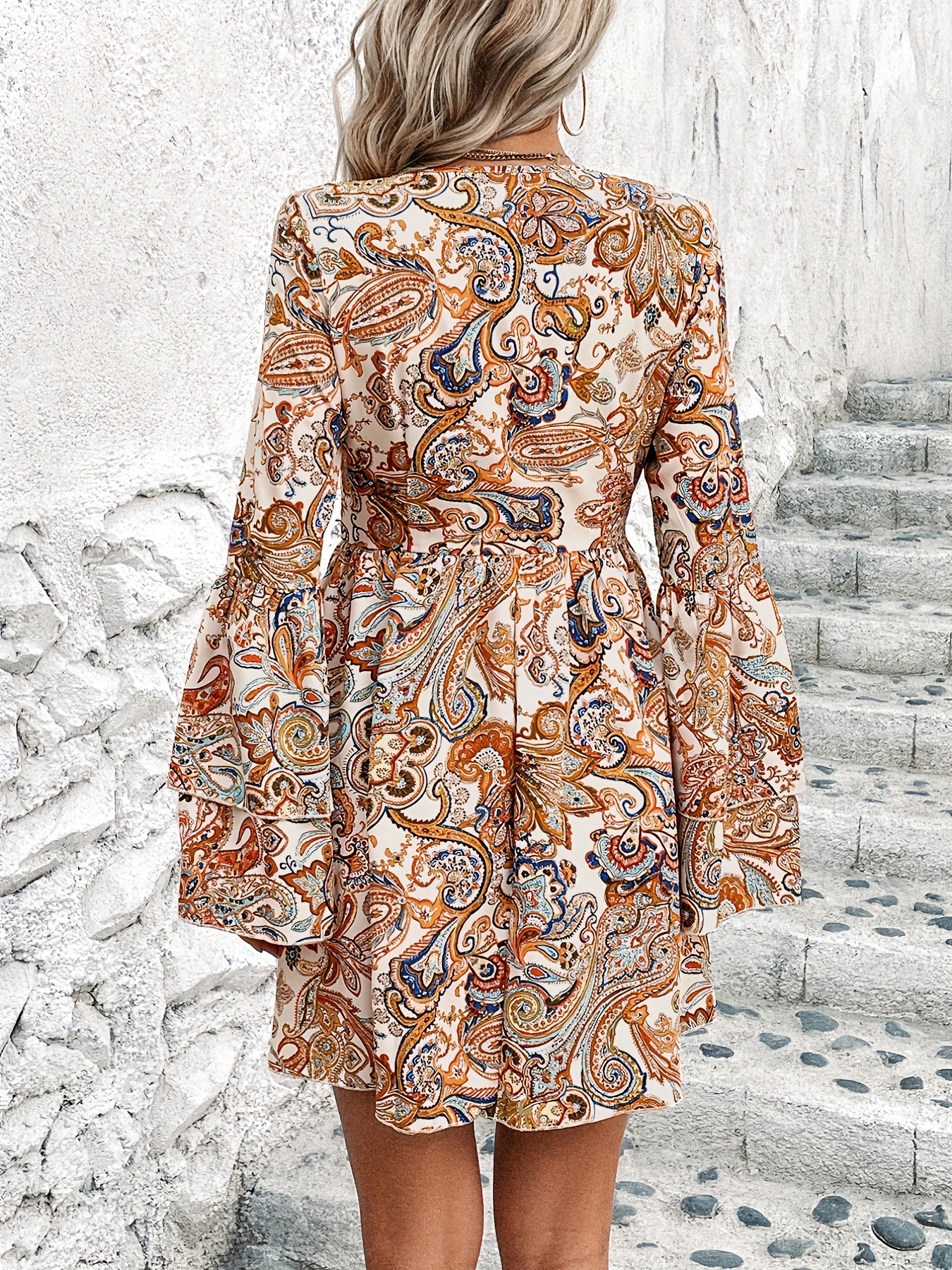 Women's Paisley Print Double Flare Sleeve Bohemian Dress