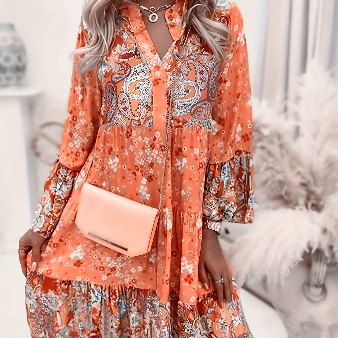 Floral Print Ruffle Hem Boho Holiday V-neck Dress CD186