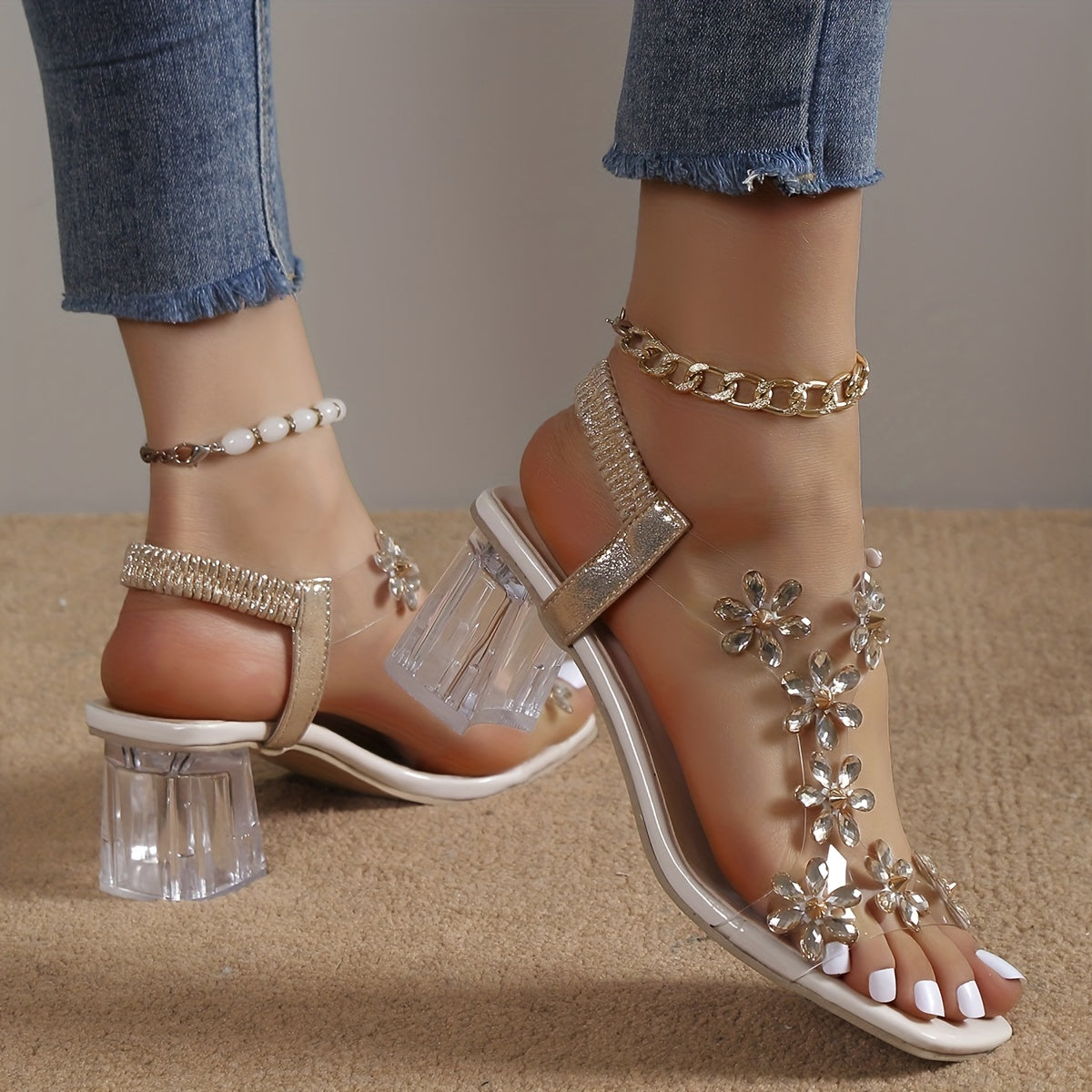 Women's Flower Rhinestone Block Heel Sandals CD428