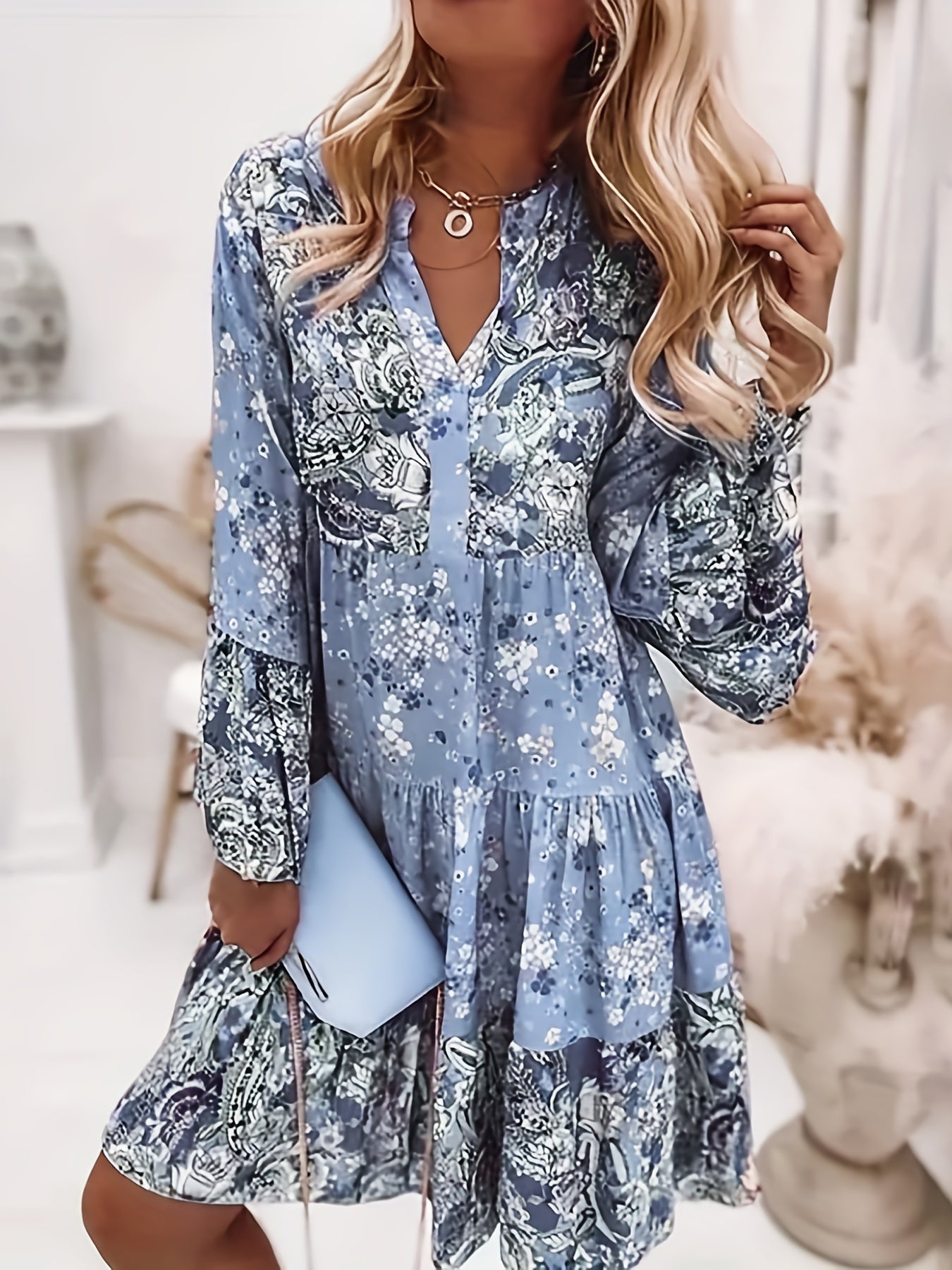 Floral Print Ruffle Hem Boho Holiday V-neck Dress CD186