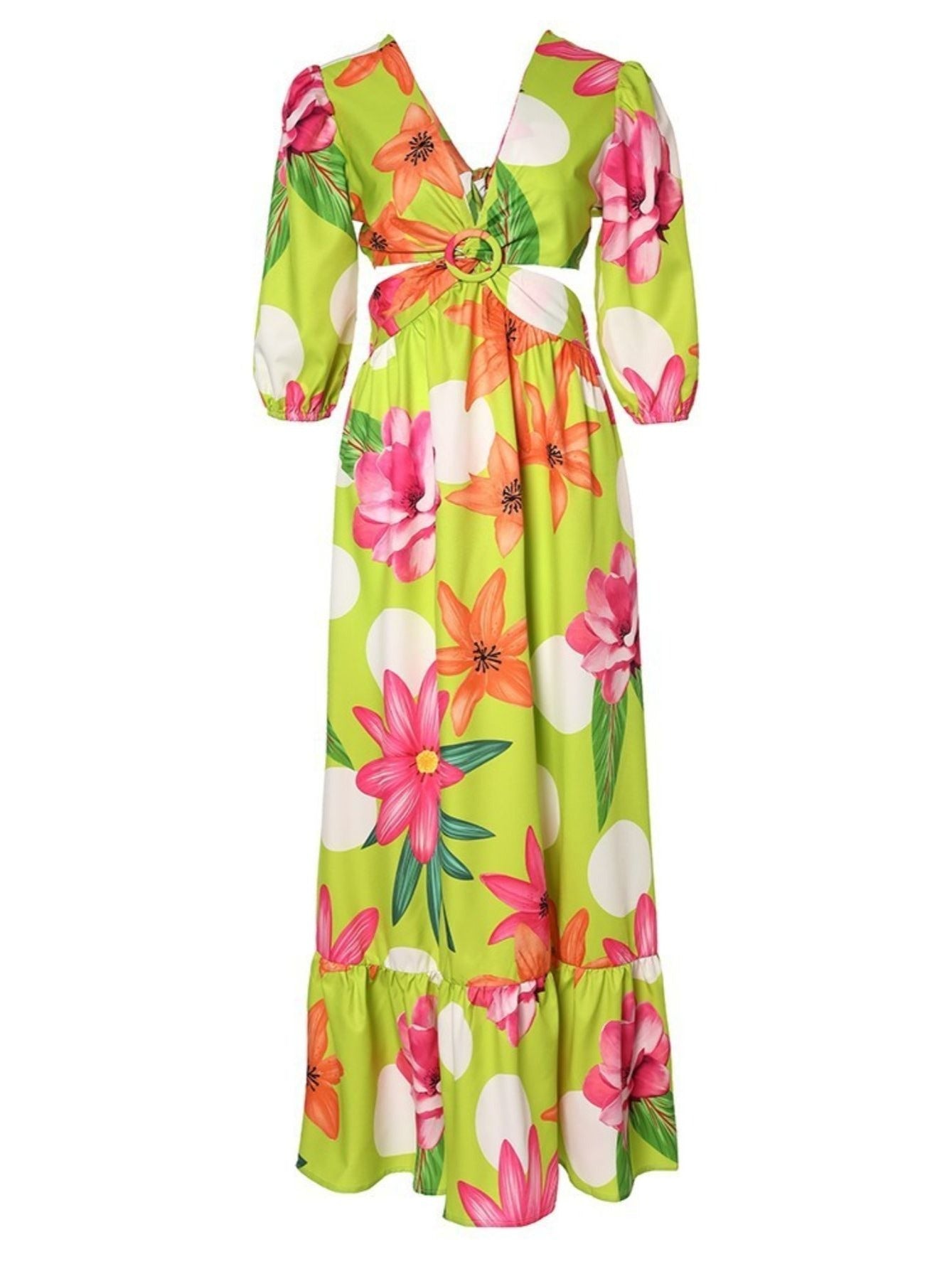 Women's V Neck Cutout Vintage Floral Print Long Dress CD202