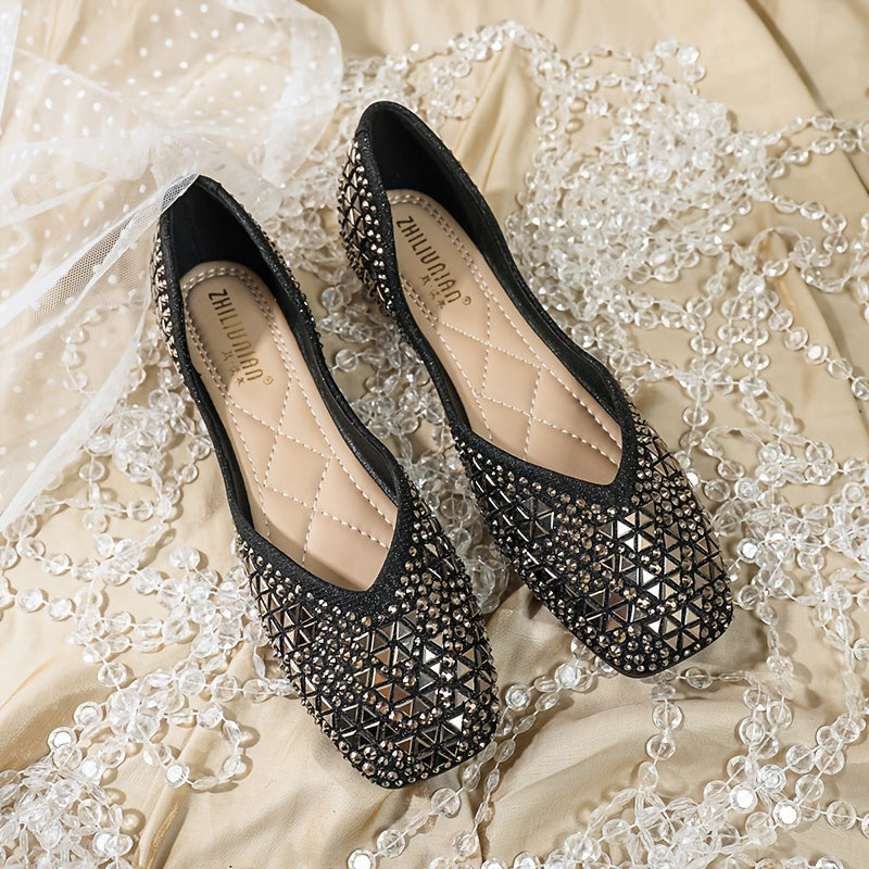 Women's Faux Rhinestone Square Toe Low Top Flats CD411