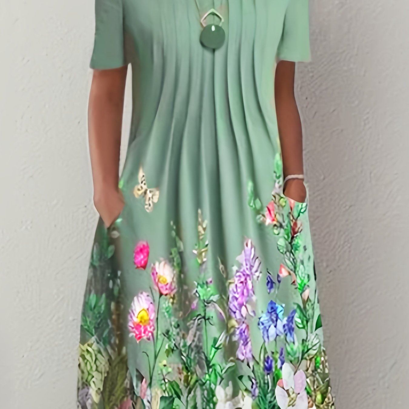 Floral Print Pleated Dual Pockets Dress CD189