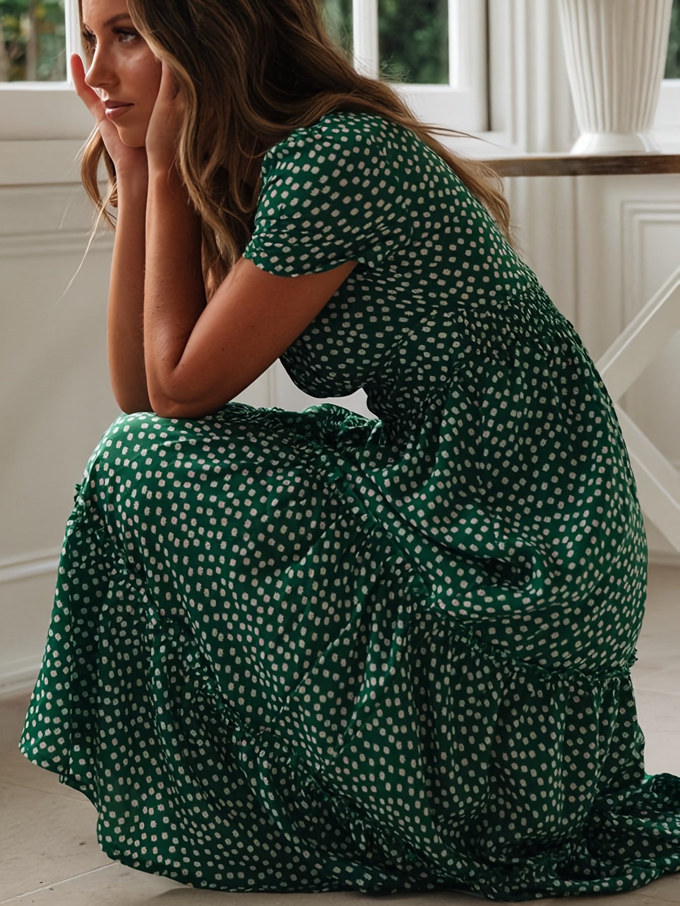 Floral Print Boho Puff Sleeve Tiered Flowy Maxi Dress CD196