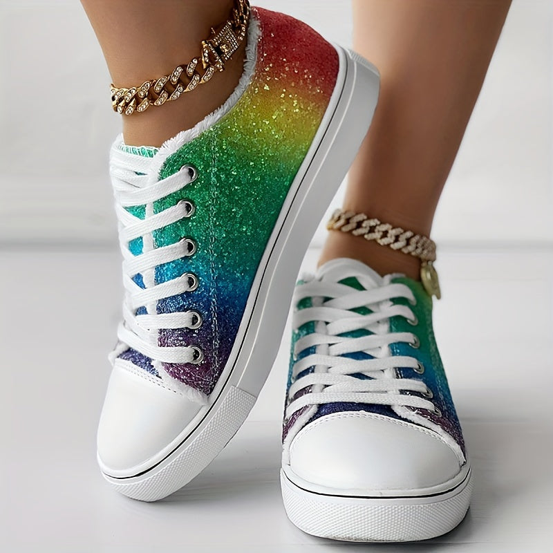 Women's Rhinestone Canvas Lace Up Low-top Sneakers CD413