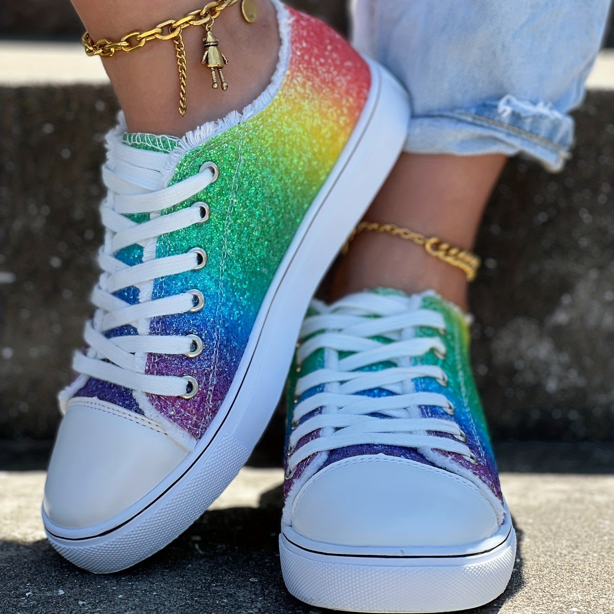 Women's Glitter Rainbow Print Canvas Lace Up Sneakers CD415