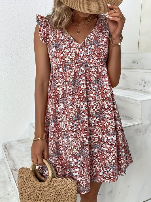 Ditsy Floral Print Boho Ruffle Trim V Neck Sleeveless Dress CD194