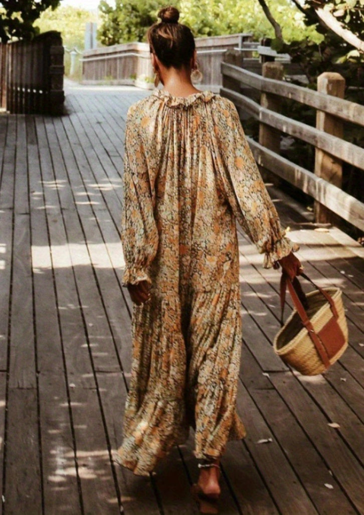 Floral Print Pleated Boho V Neck Maxi Dress CD193