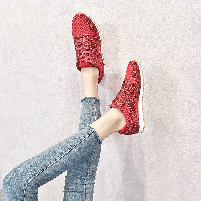 Women's Glitter Sequins Sports Mesh Lace Up Sneakers CD409
