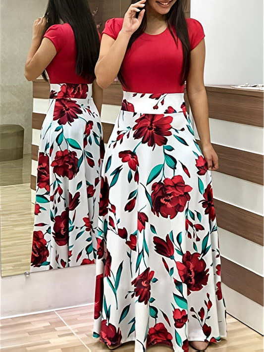 Printed Splicing Crew Neck  Slim Waist Pleated Maxi Dress CD178