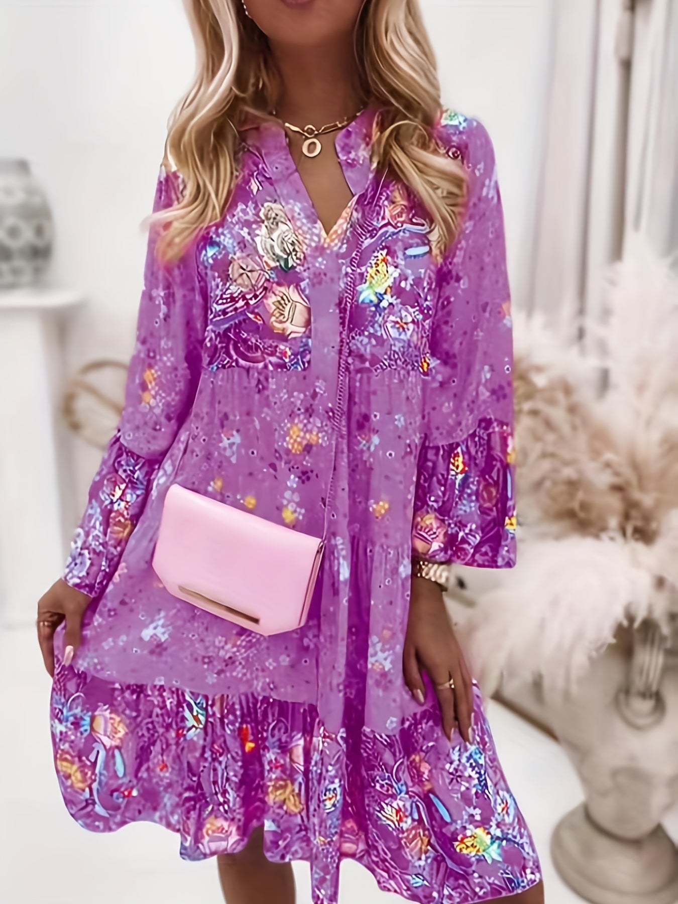 Floral Print Ruffle Hem Boho Holiday V-neck Dress CD186