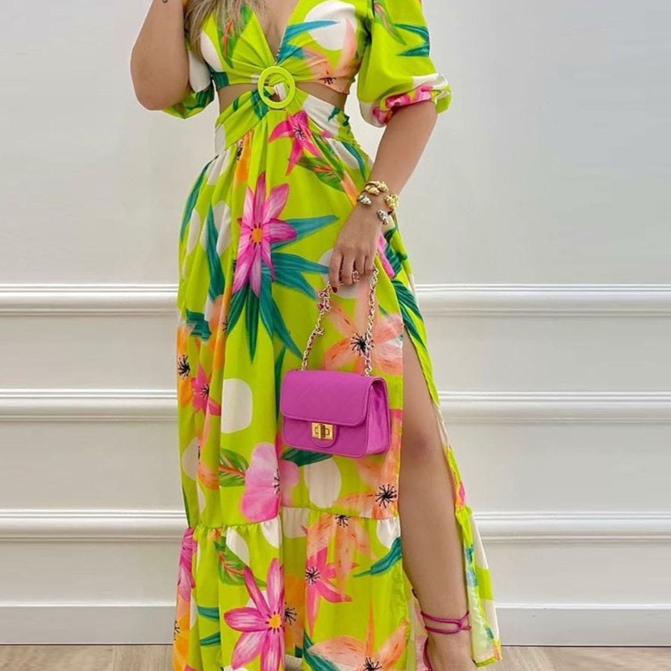 Women's V Neck Cutout Vintage Floral Print Long Dress CD202