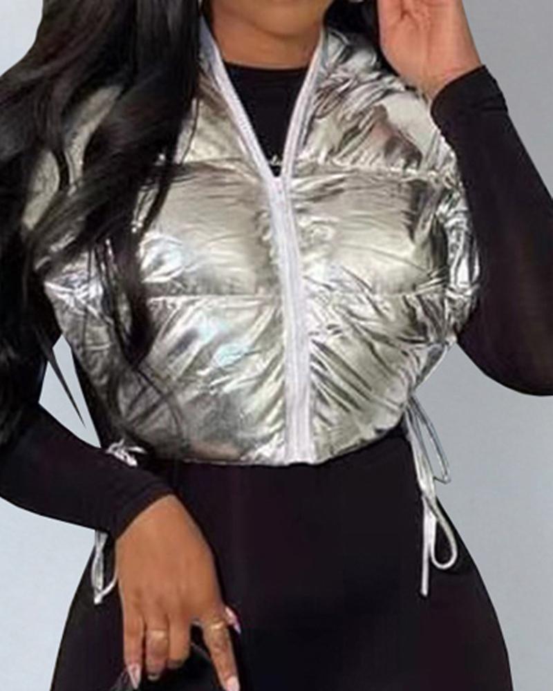 Women's Fashion PU Leather Zip Up Hooded Gilet Puffer Jacket