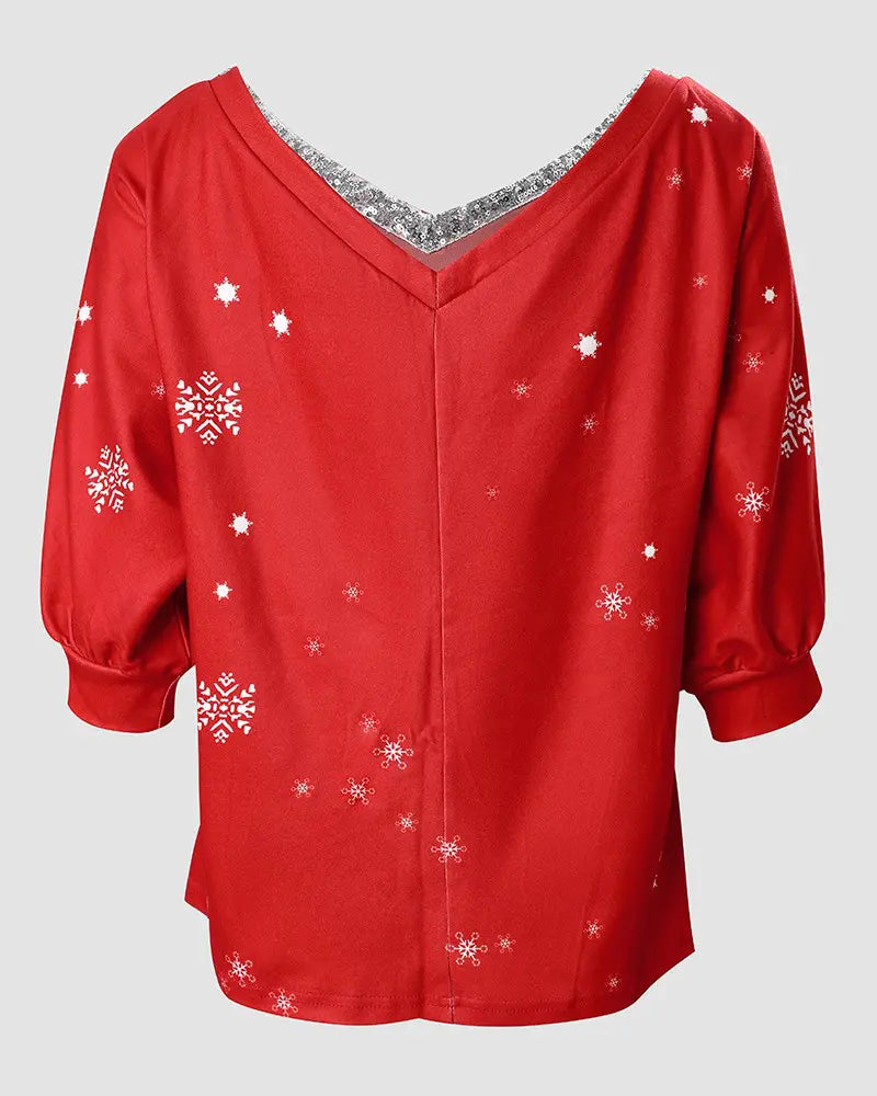 Christmas Snowflake Elk Print V-Neck Top