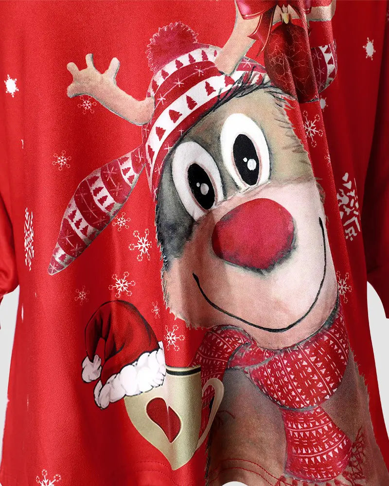 Christmas Snowflake Elk Print V-Neck Top