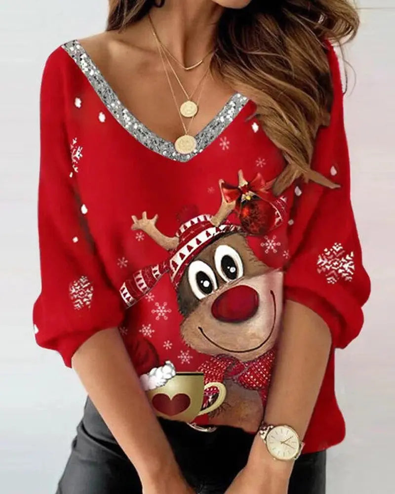 Christmas Snowflake Elk Print V-Neck Top