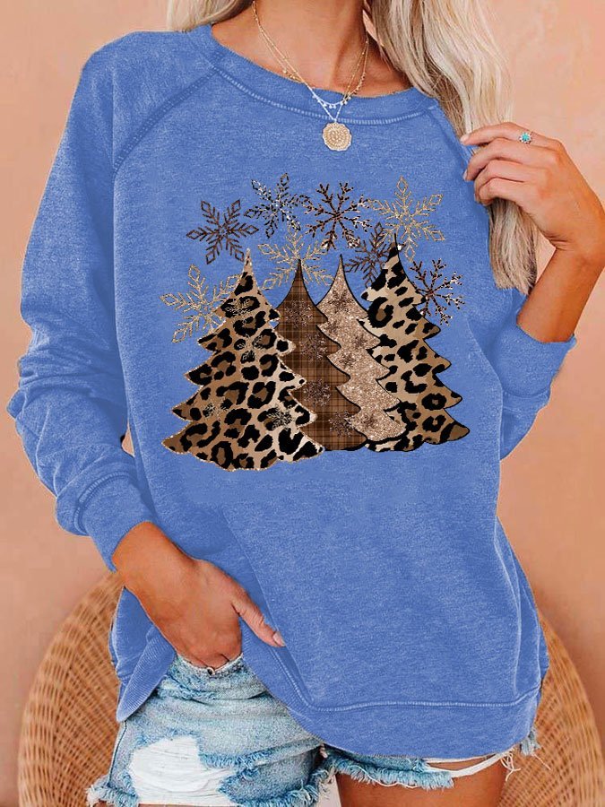 Women's Leopard Christmas Tree Print Casual Crewneck Sweatshirt