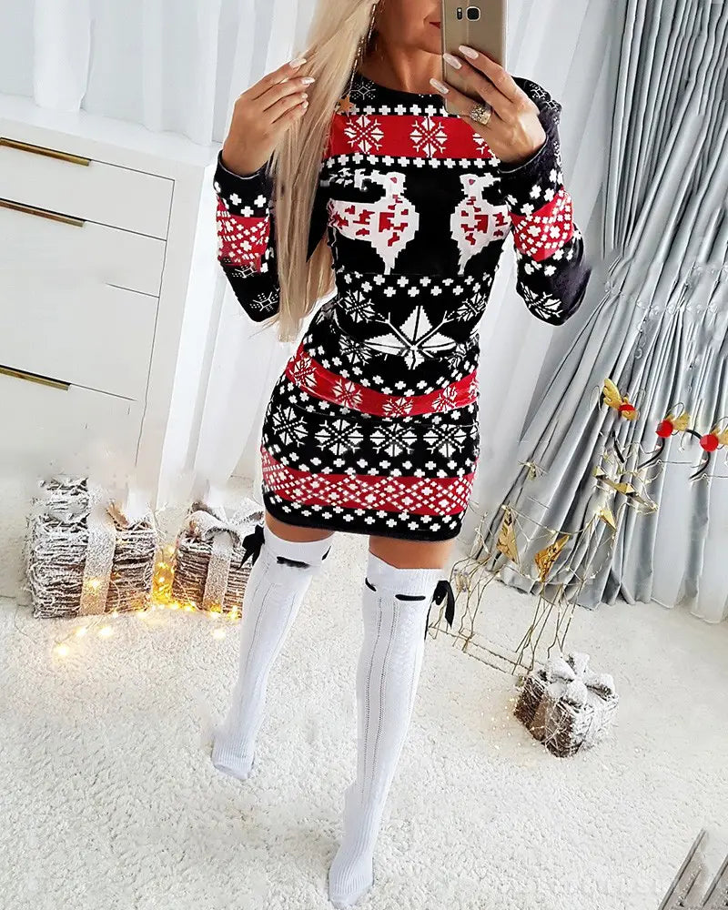 Christmas Snowflake Elk Print Long Sleeve Bodycon Dress