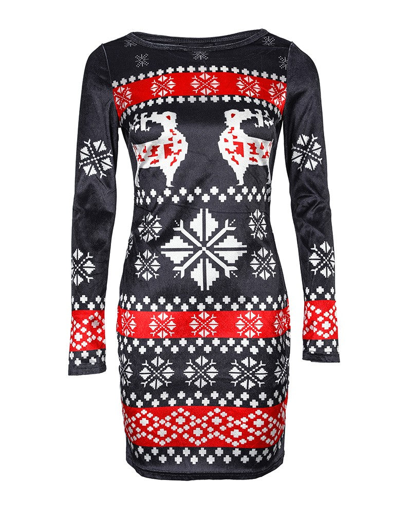 Christmas Snowflake Elk Print Long Sleeve Bodycon Dress