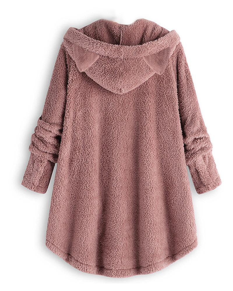 Long Sleeve Button Design 3D Cat Hooded Teddy Coat