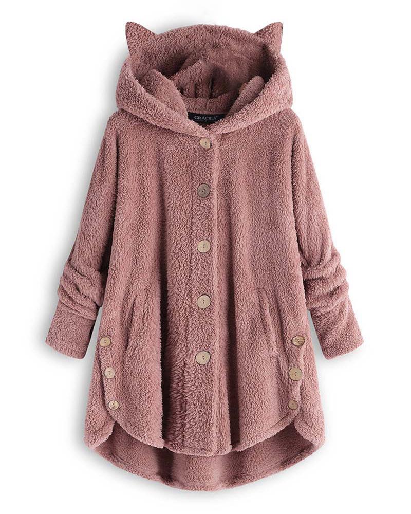 Long Sleeve Button Design 3D Cat Hooded Teddy Coat
