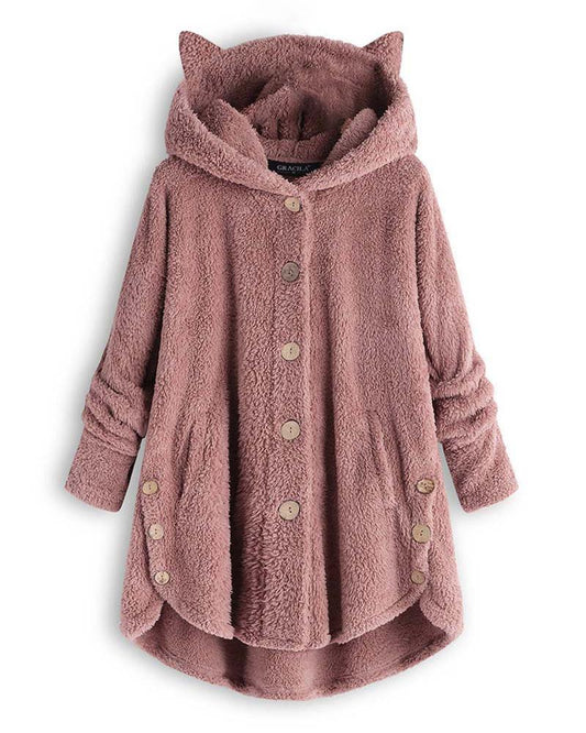 Long Sleeve Button Design 3D Cat Hooded Teddy Coat