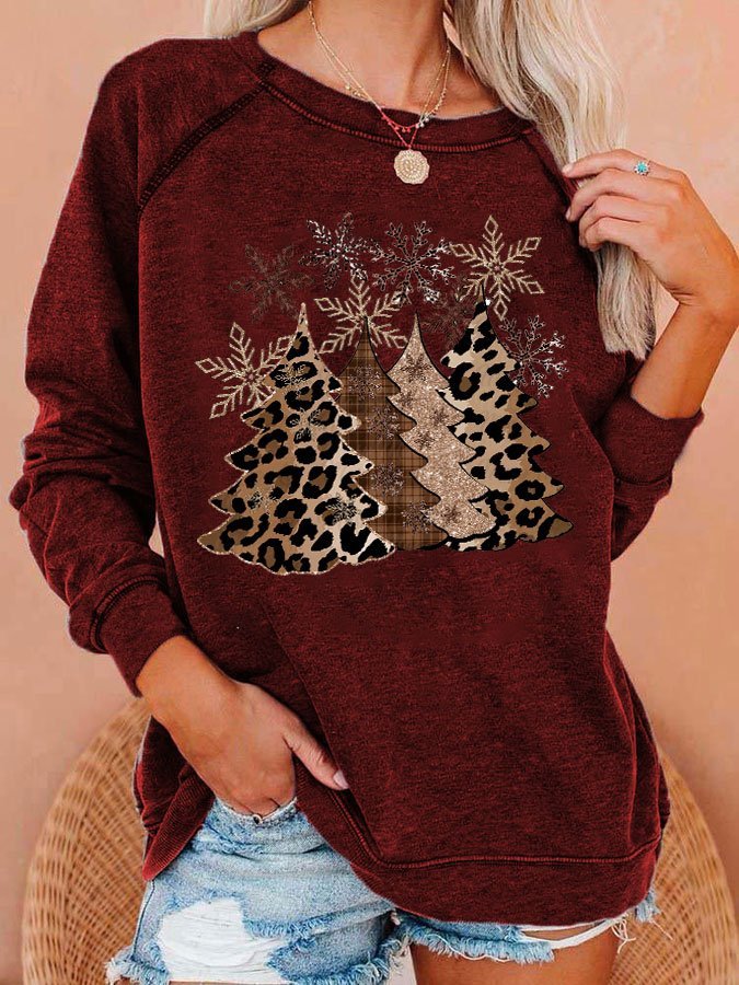 Women's Leopard Christmas Tree Print Casual Crewneck Sweatshirt