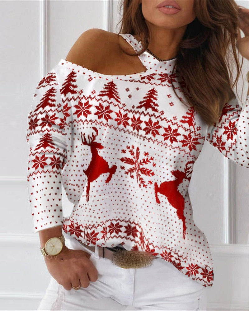 Christmas Women's Stylish Cold Shoulder Long Sleeve Top