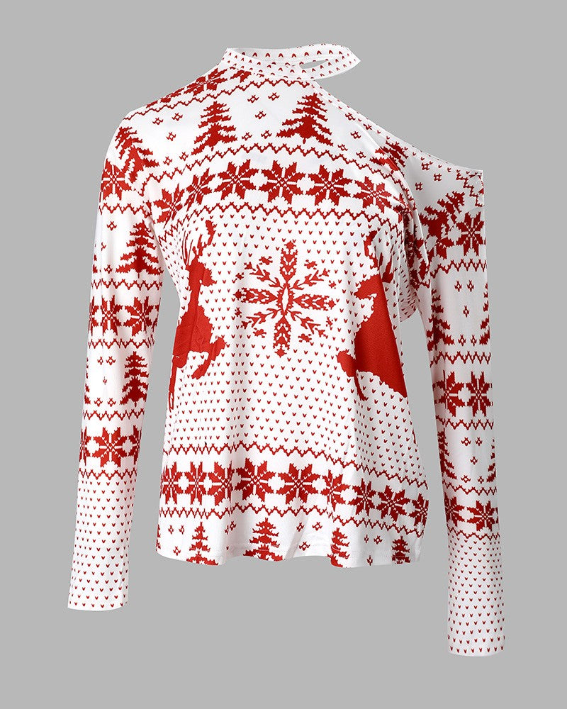 Christmas Women's Stylish Cold Shoulder Long Sleeve Top