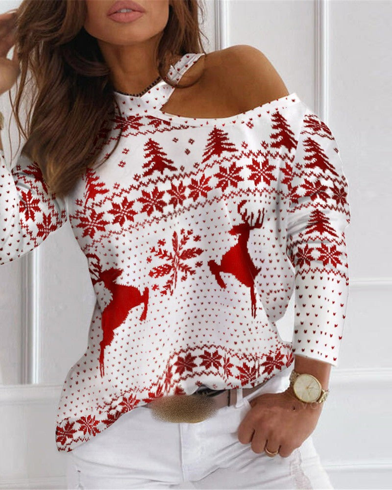 Christmas Women's Stylish Cold Shoulder Long Sleeve Top