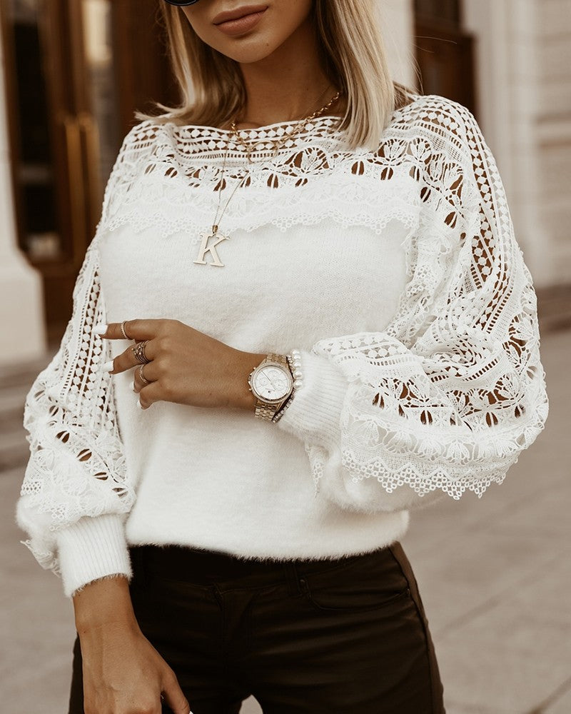 Women's Stylish Guipure Lace Lantern Sleeve Sweater