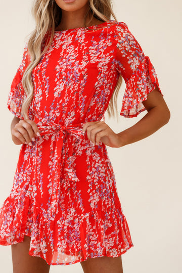 Charlotte Ruffle Hem Dress Floral Spring Print Red