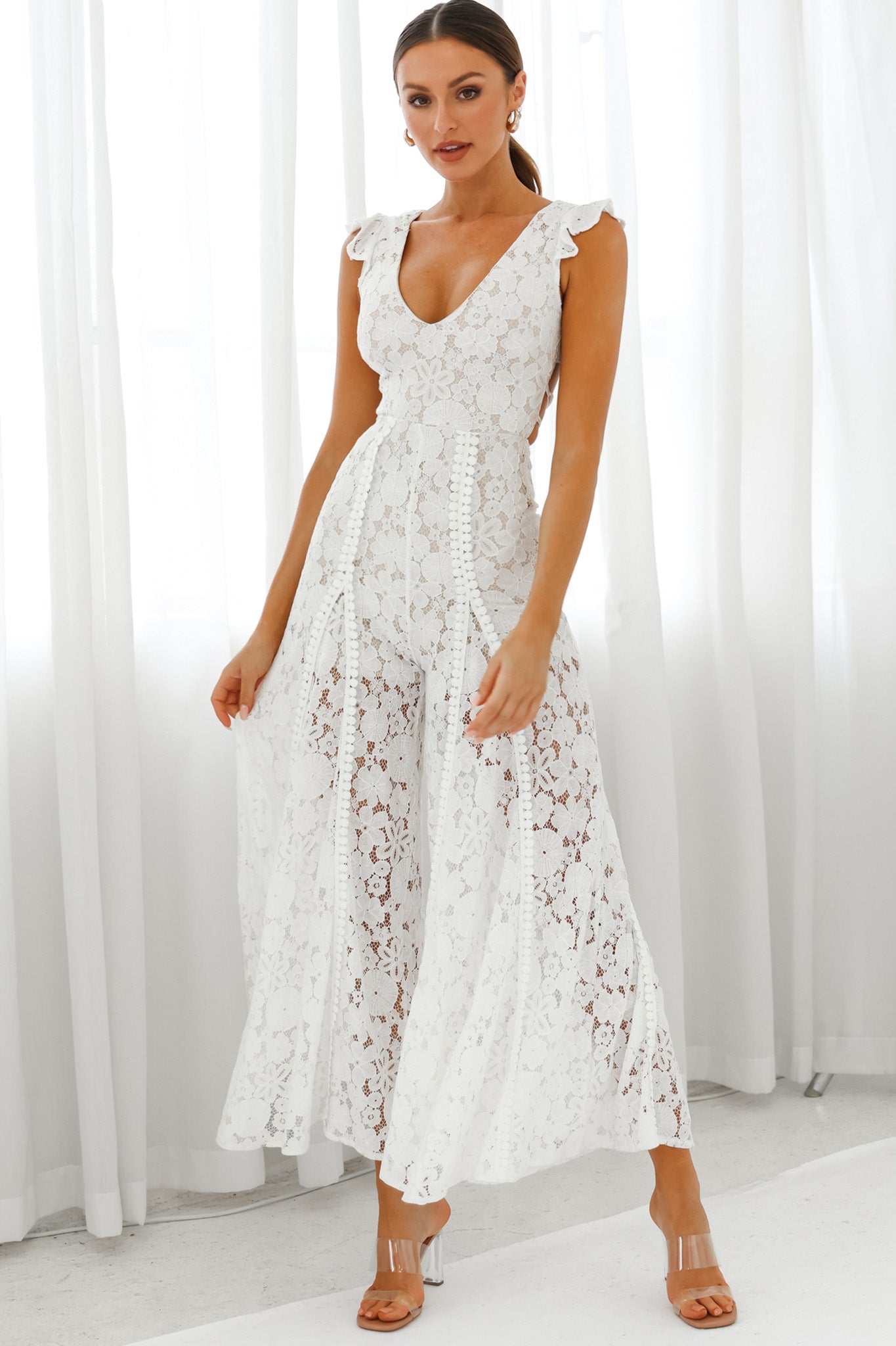 Charlotte Laced-Back Frill Shoulder Lace Jumpsuit White