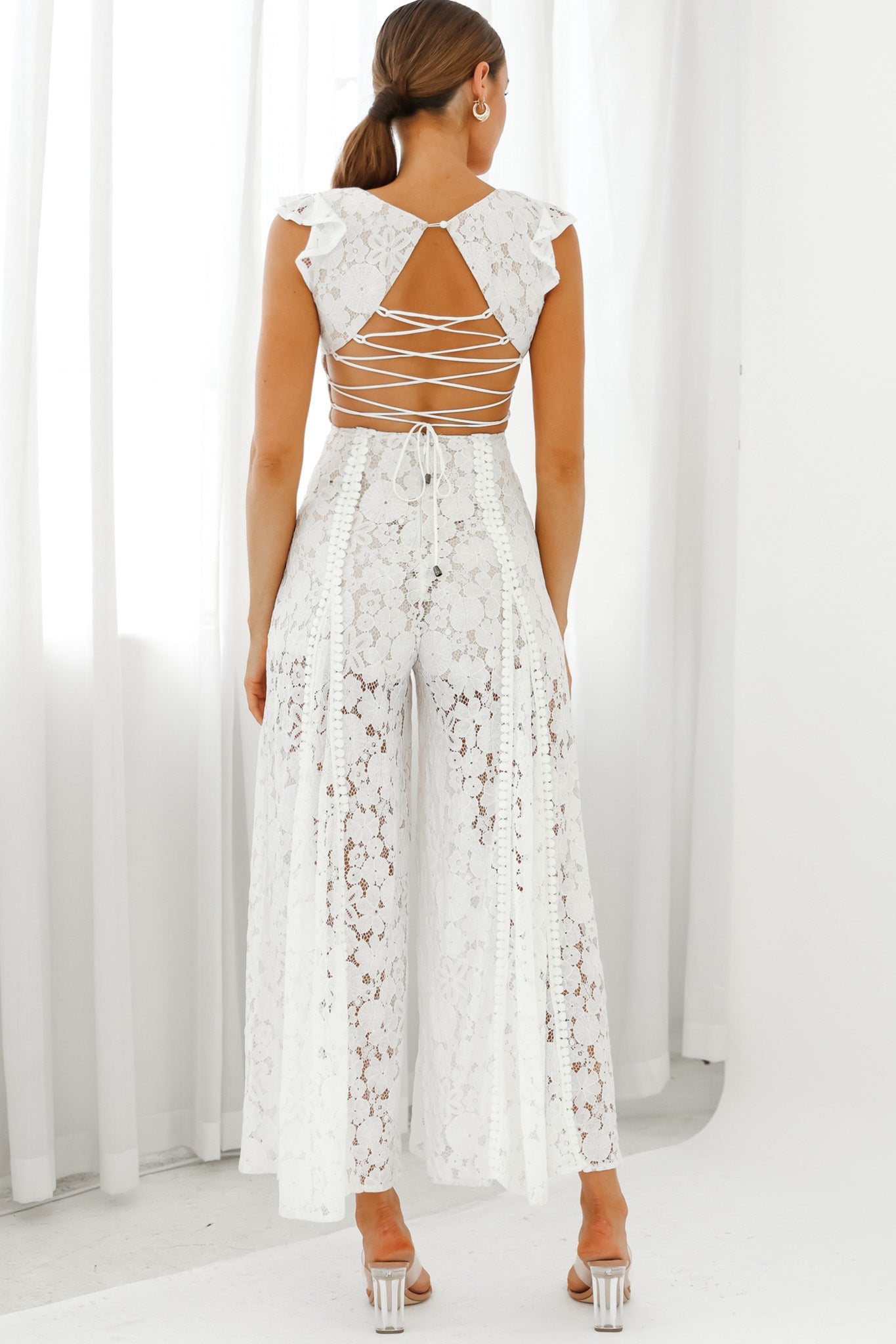 Charlotte Laced-Back Frill Shoulder Lace Jumpsuit White