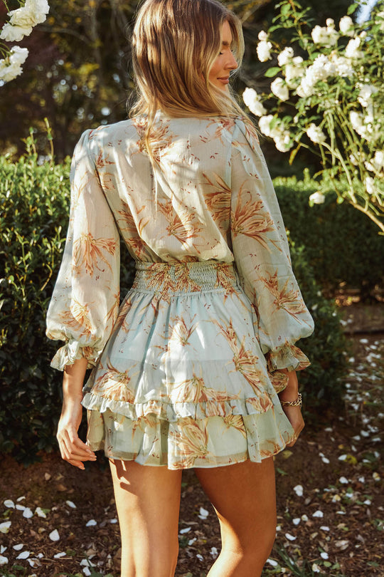 Charlotte Long Sleeve Bow-Tie Front Frill Floral Dress Lily Print Pistachio