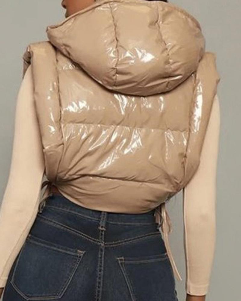 Women's Fashion PU Leather Zip Up Hooded Gilet Puffer Jacket
