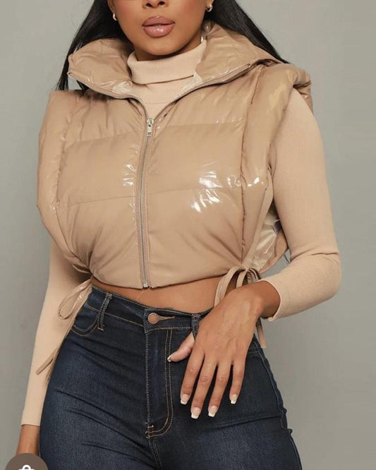 Women's Fashion PU Leather Zip Up Hooded Gilet Puffer Jacket