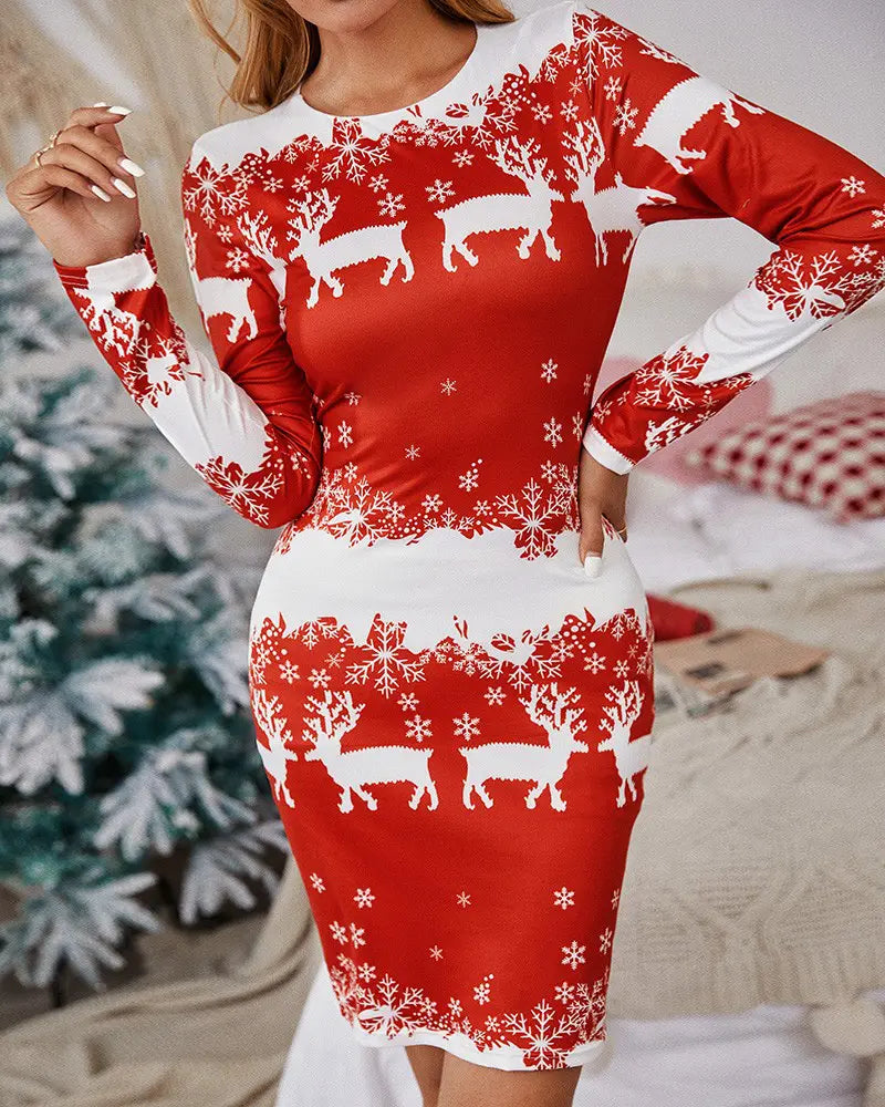 Christmas Reindeer Snowflake Print Long Sleeve Dress