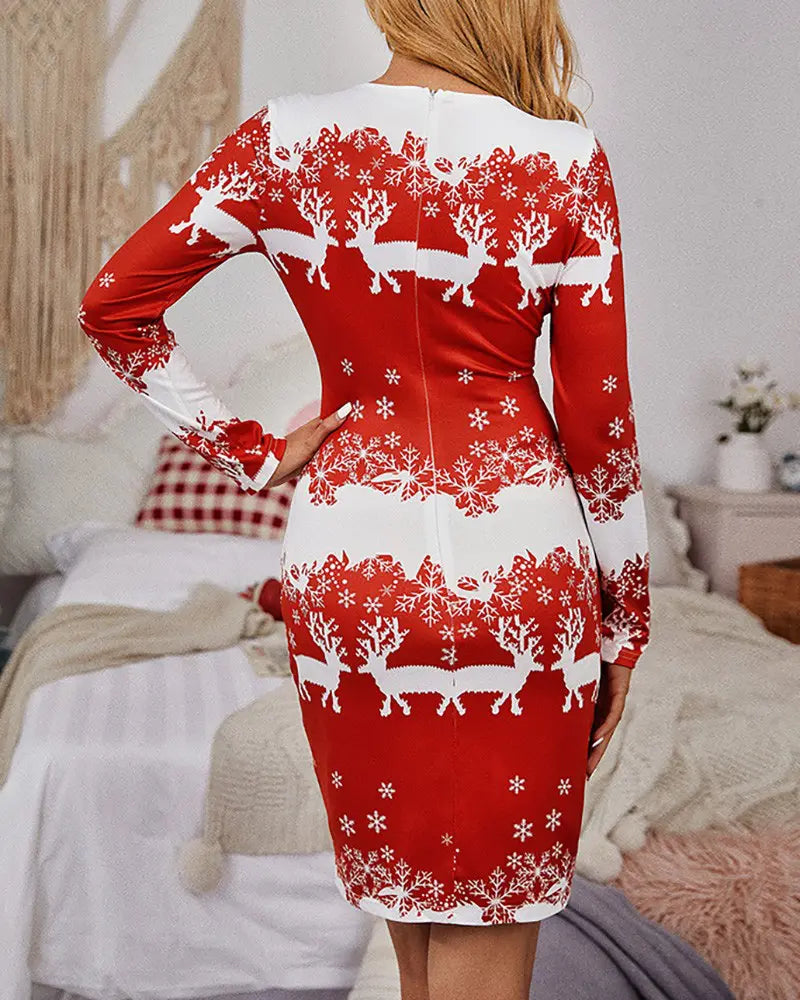 Christmas Reindeer Snowflake Print Long Sleeve Dress