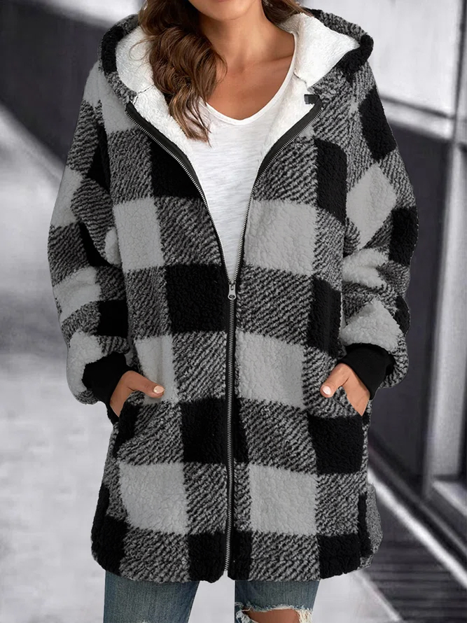 Women's Stylish Hoodie Plaid Loose Overcoat