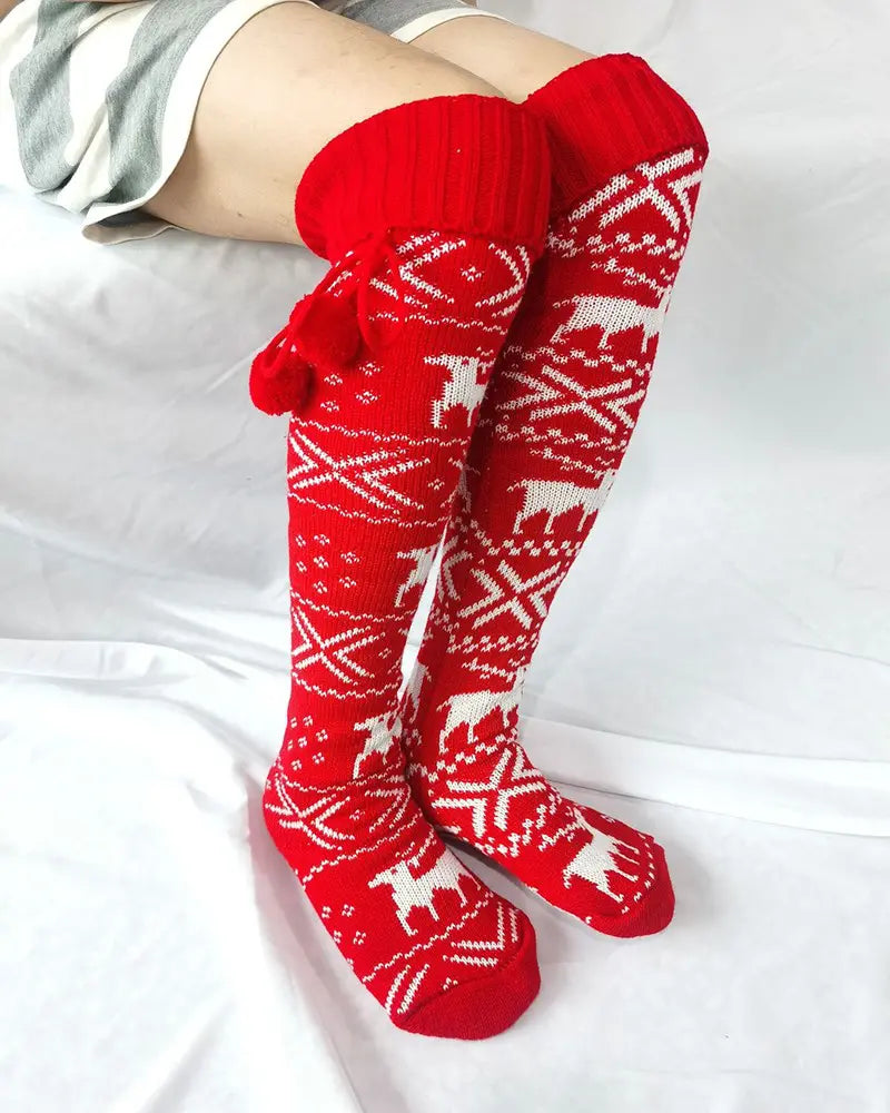 1Pair Christmas Elk Snowflake Print Pom Pom Socks