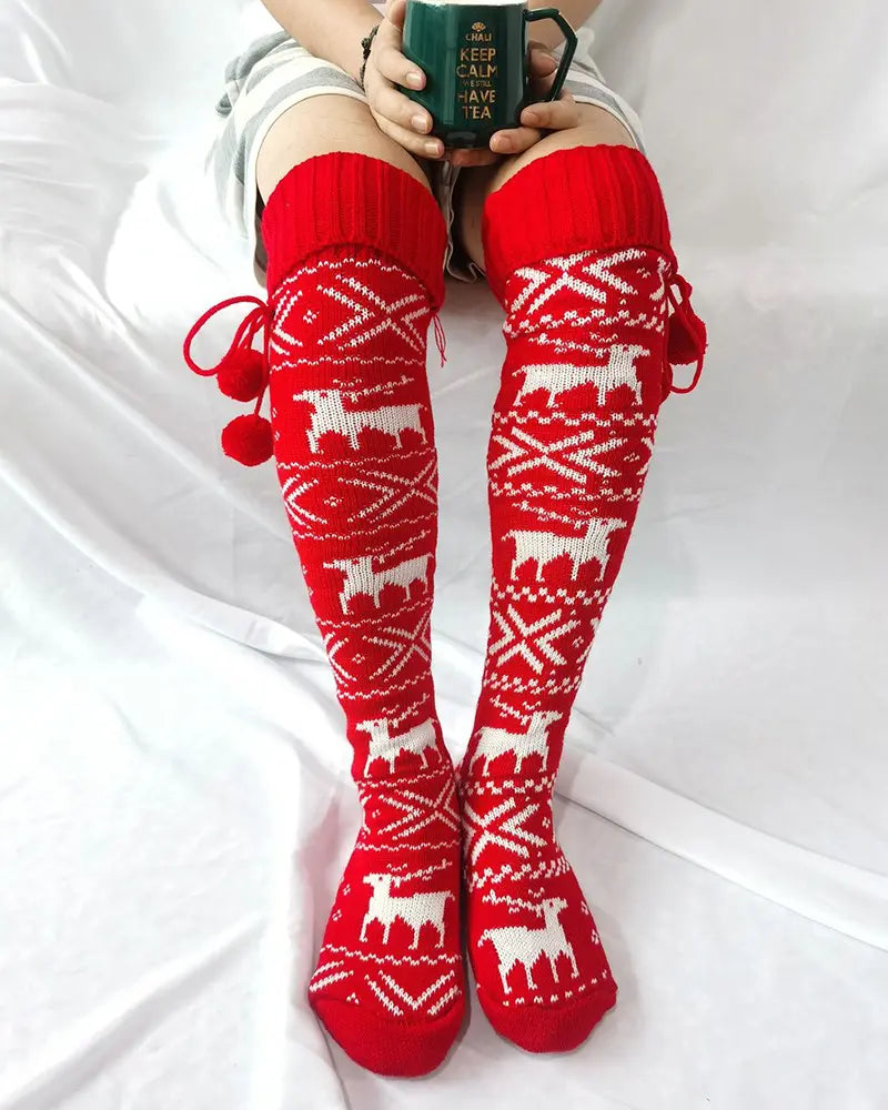 1Pair Christmas Elk Snowflake Print Pom Pom Socks
